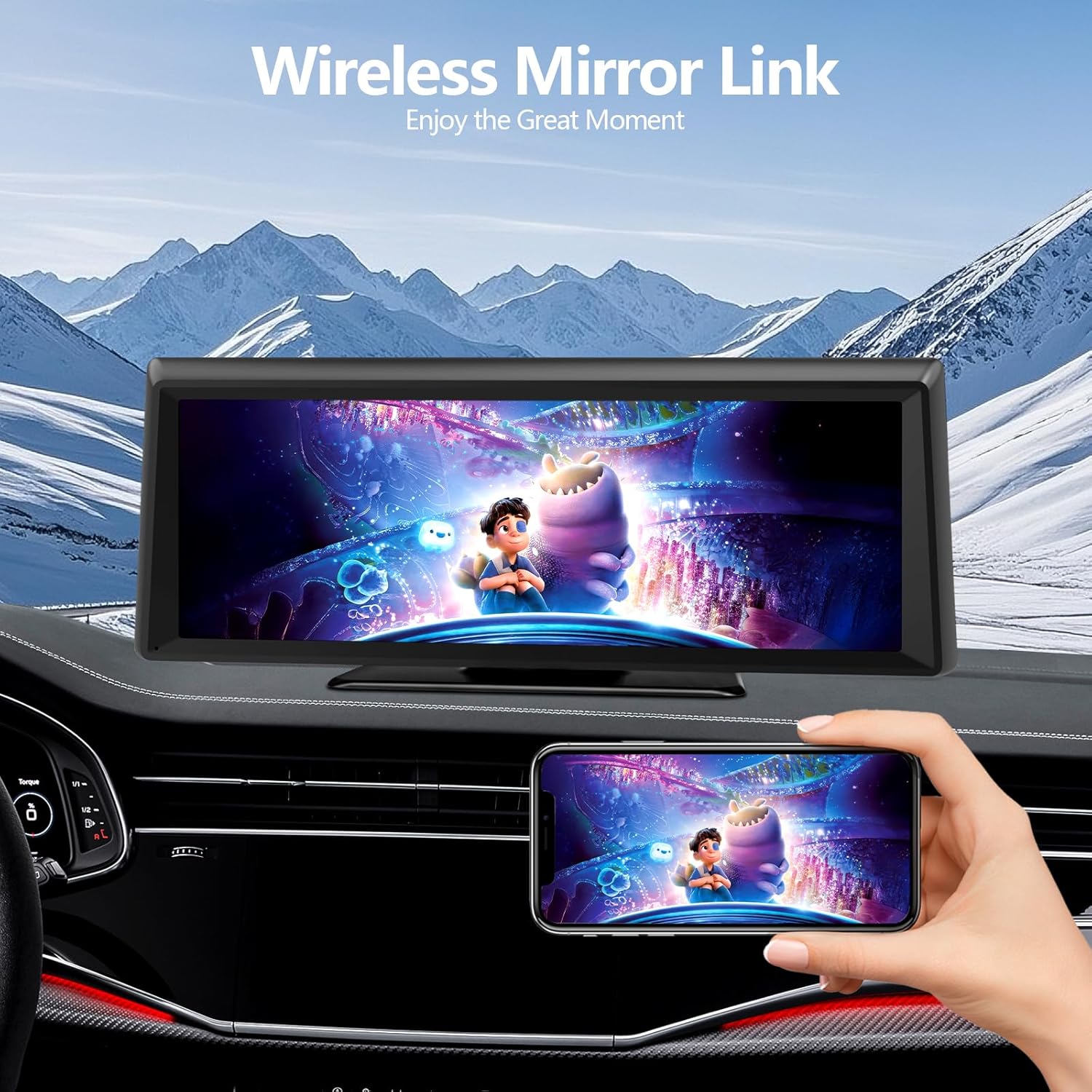 Car-mounted screen displaying a movie with a hand holding a smartphone showing the same content, set against a mountainous landscape.