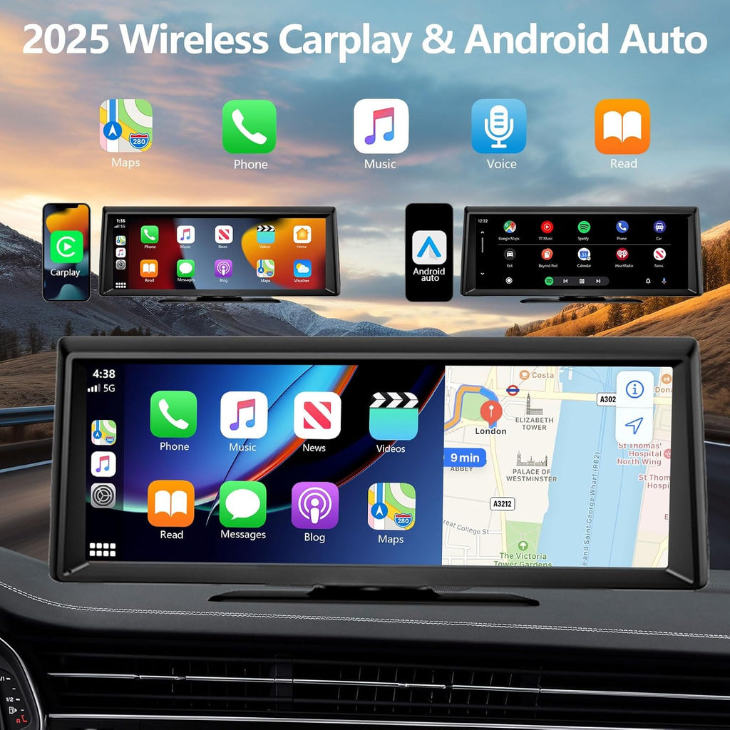 Car dashboard with a multimedia system displaying various app icons and a map, with '2025 Wireless Carplay & Android Auto' text above.