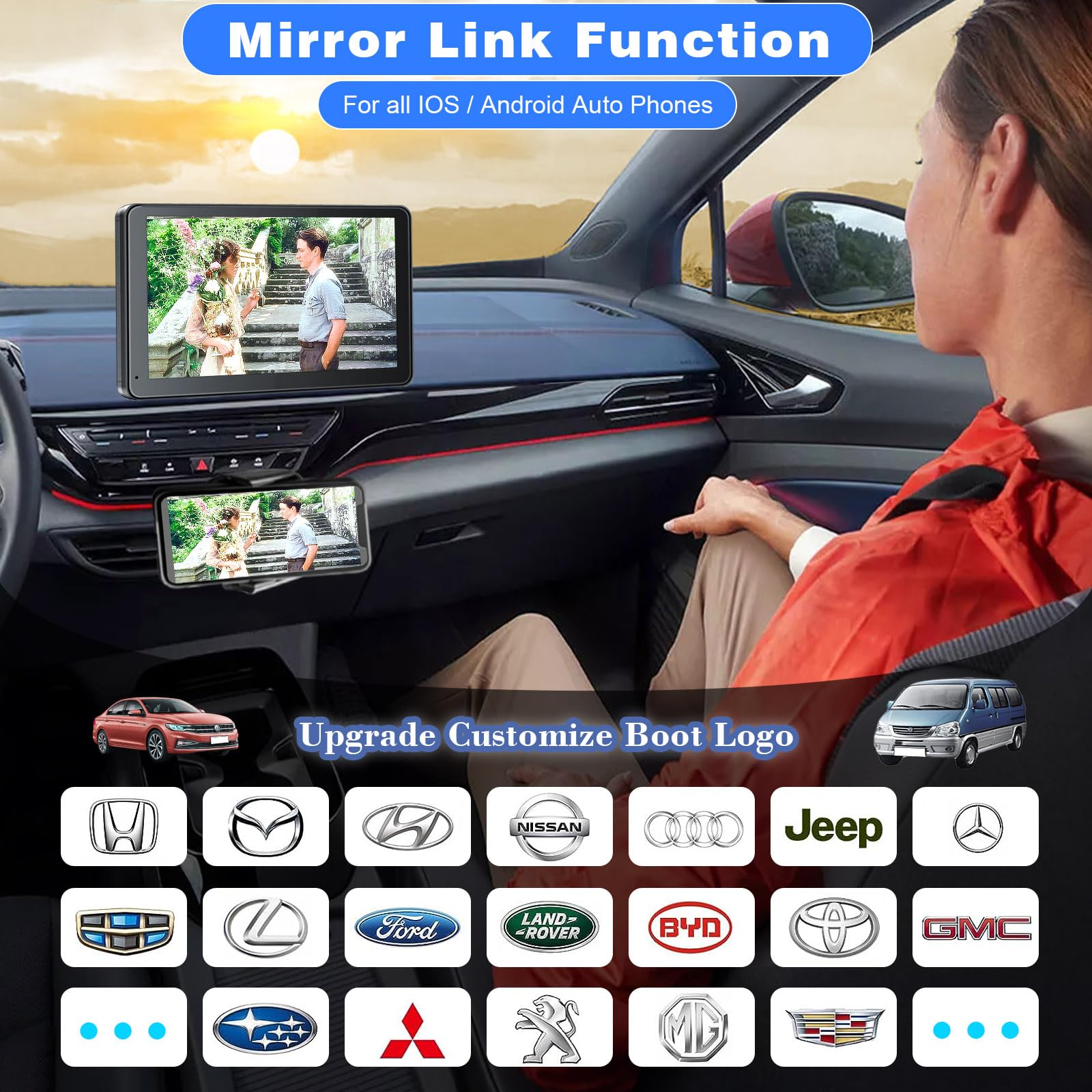 Car interior with smartphone displaying video, featuring mirror link function for iOS/Android phones.