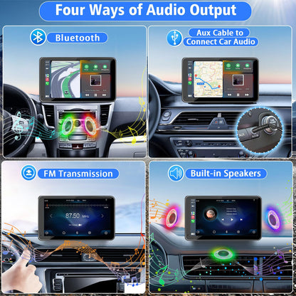 Collage of a car dashboard with different audio output methods displayed.