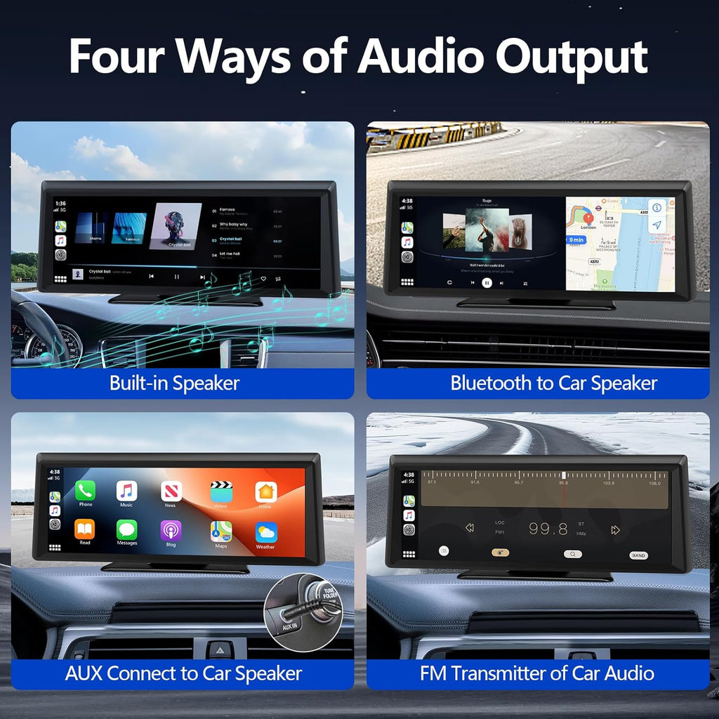 Four ways of audio output on a car screen with different connectivity options.