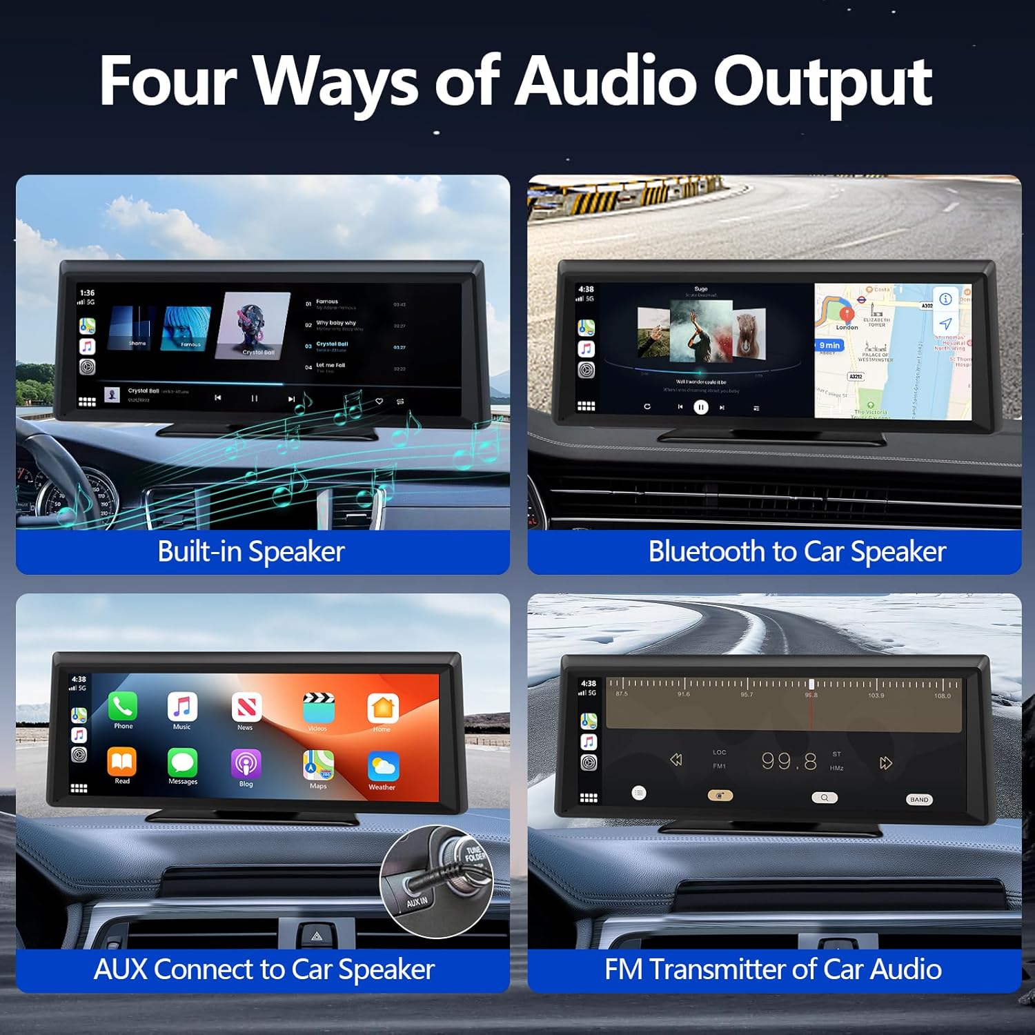 Four ways of audio output on a car screen with different connectivity options.