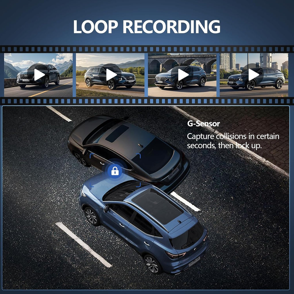 Promotional image of a car with loop recording feature and G-Sensor technology.