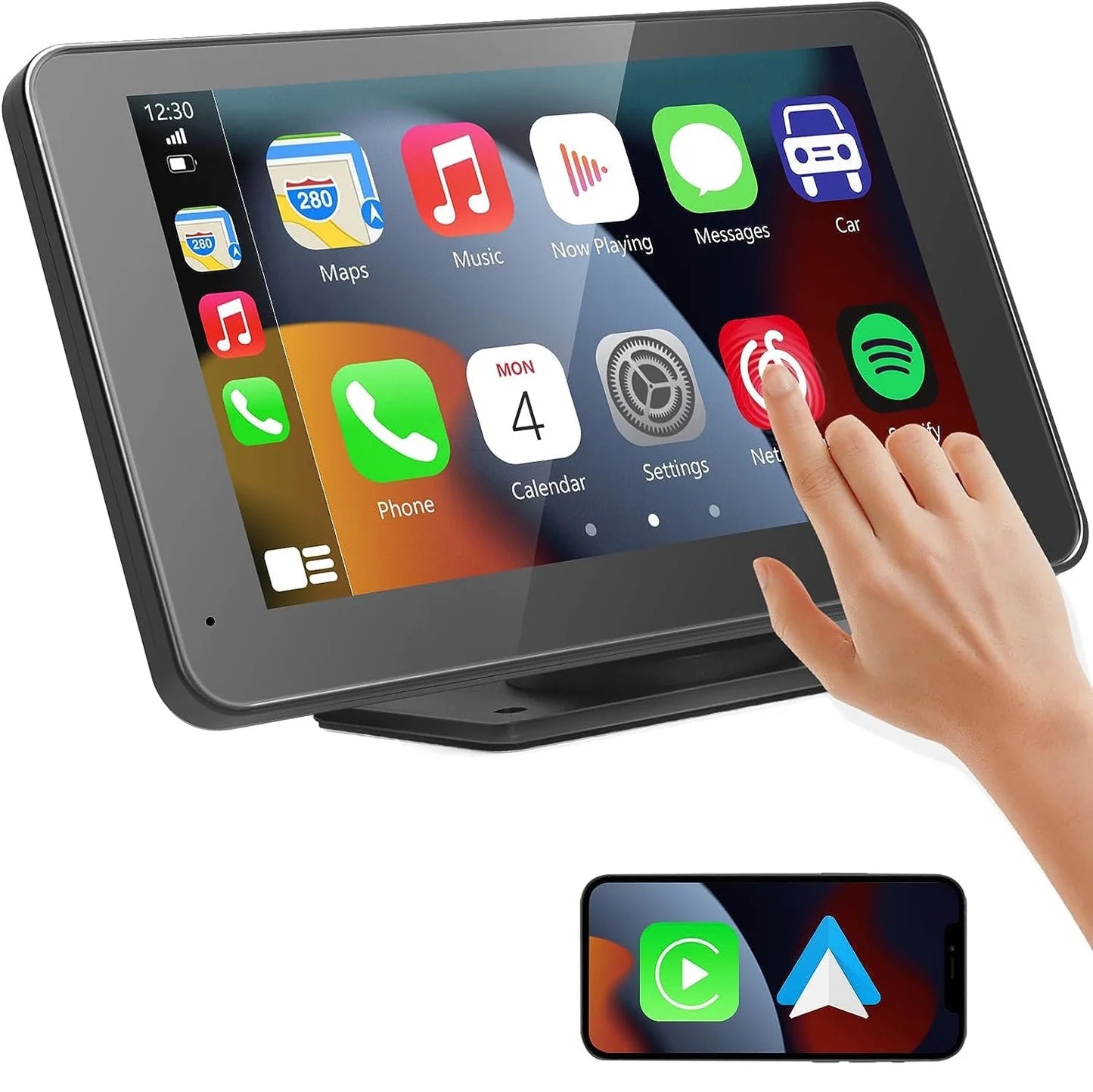 Touchscreen display with app icons and a hand interacting with it on a white background