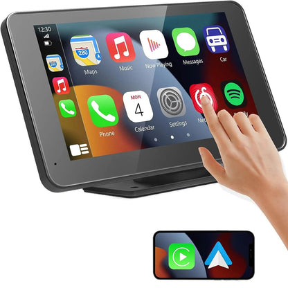 Touchscreen display with app icons and a hand interacting with it on a white background