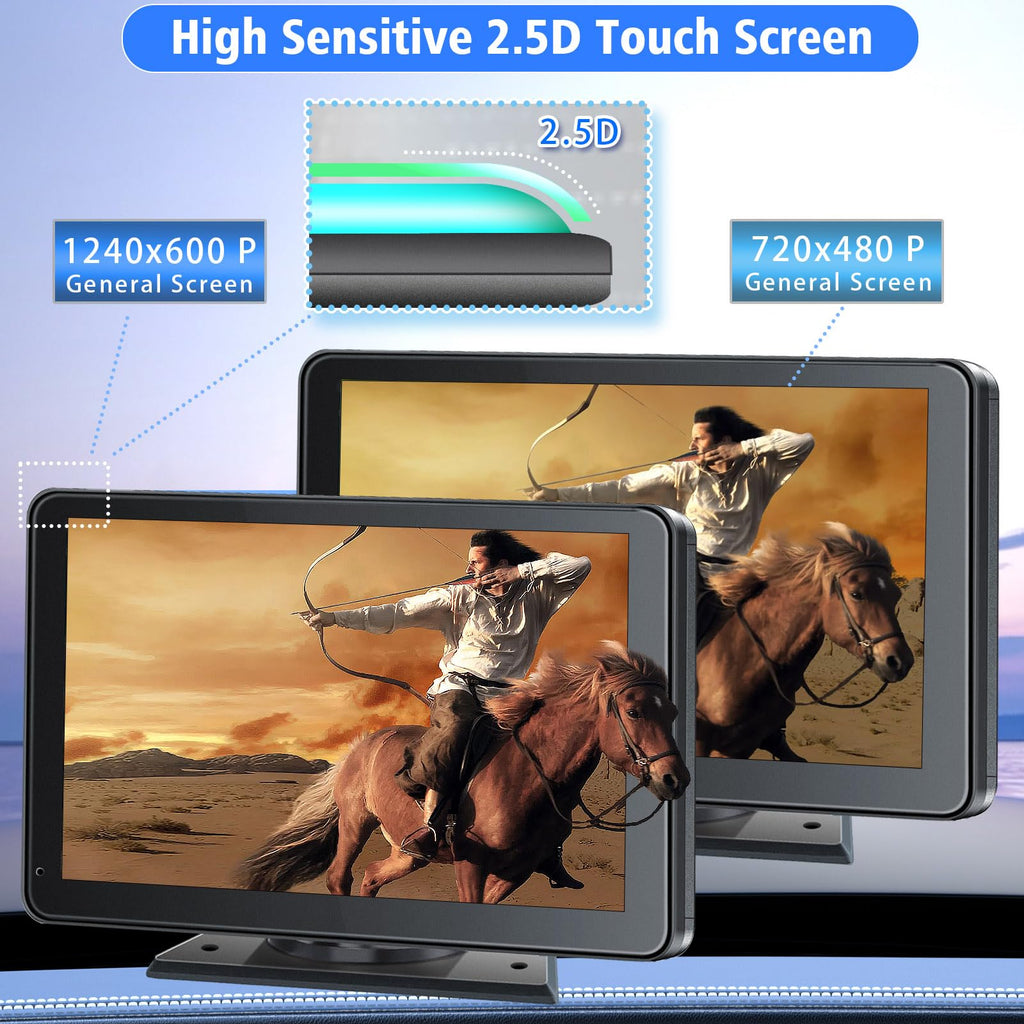 Two tablets displaying a scene of people on horses with text about high-sensitive 2.5D touch screen and screen resolution.