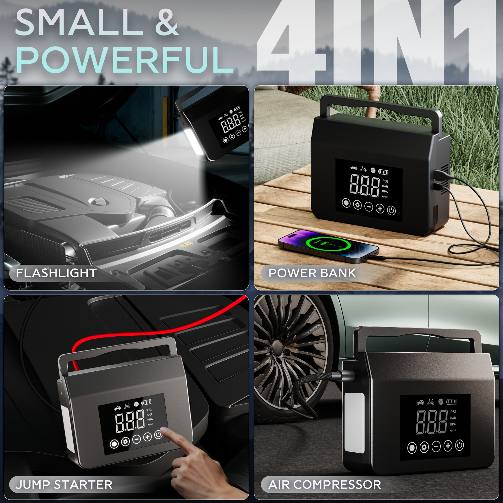 HIEHA Compact and Powerful Multi-Function Device - Flashlight, Power Bank, Jump Starter, Air Compressor