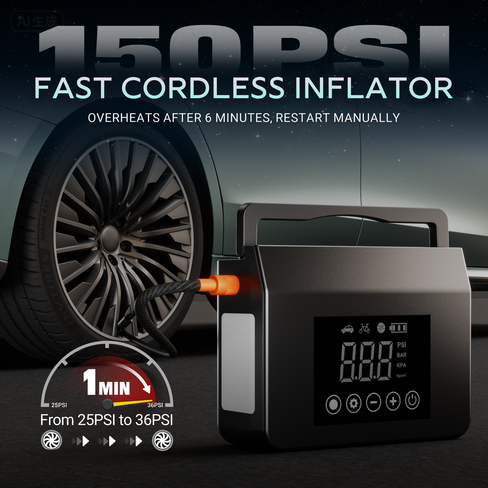 HIEHA Cordless Air Inflator - Fast 15 Minute Inflation, Overheat Protection, 25 to 36 PSI
