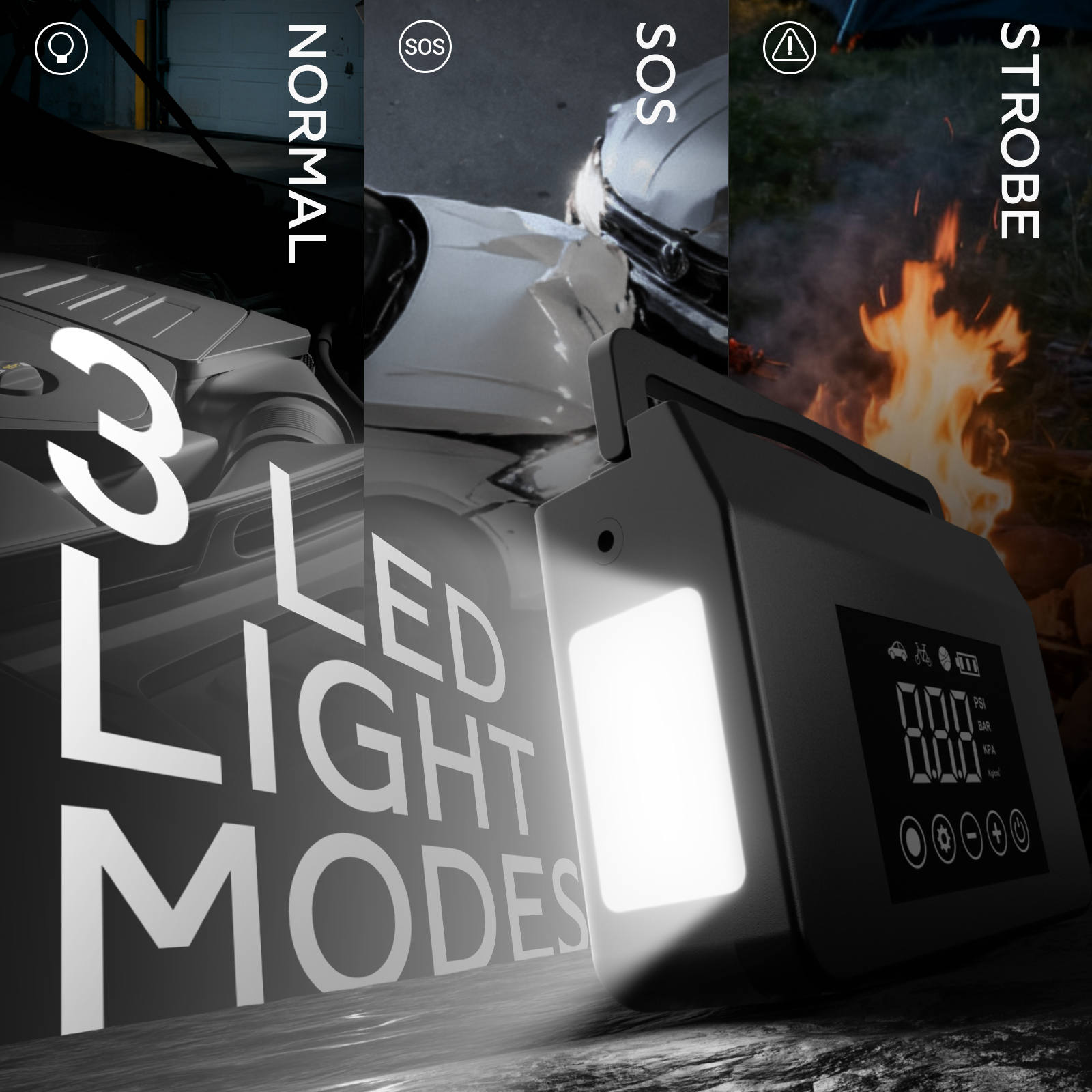 HIEHA LED light with three modes labeled 'Normal', 'SOS', and 'Strobe' on a dark background.