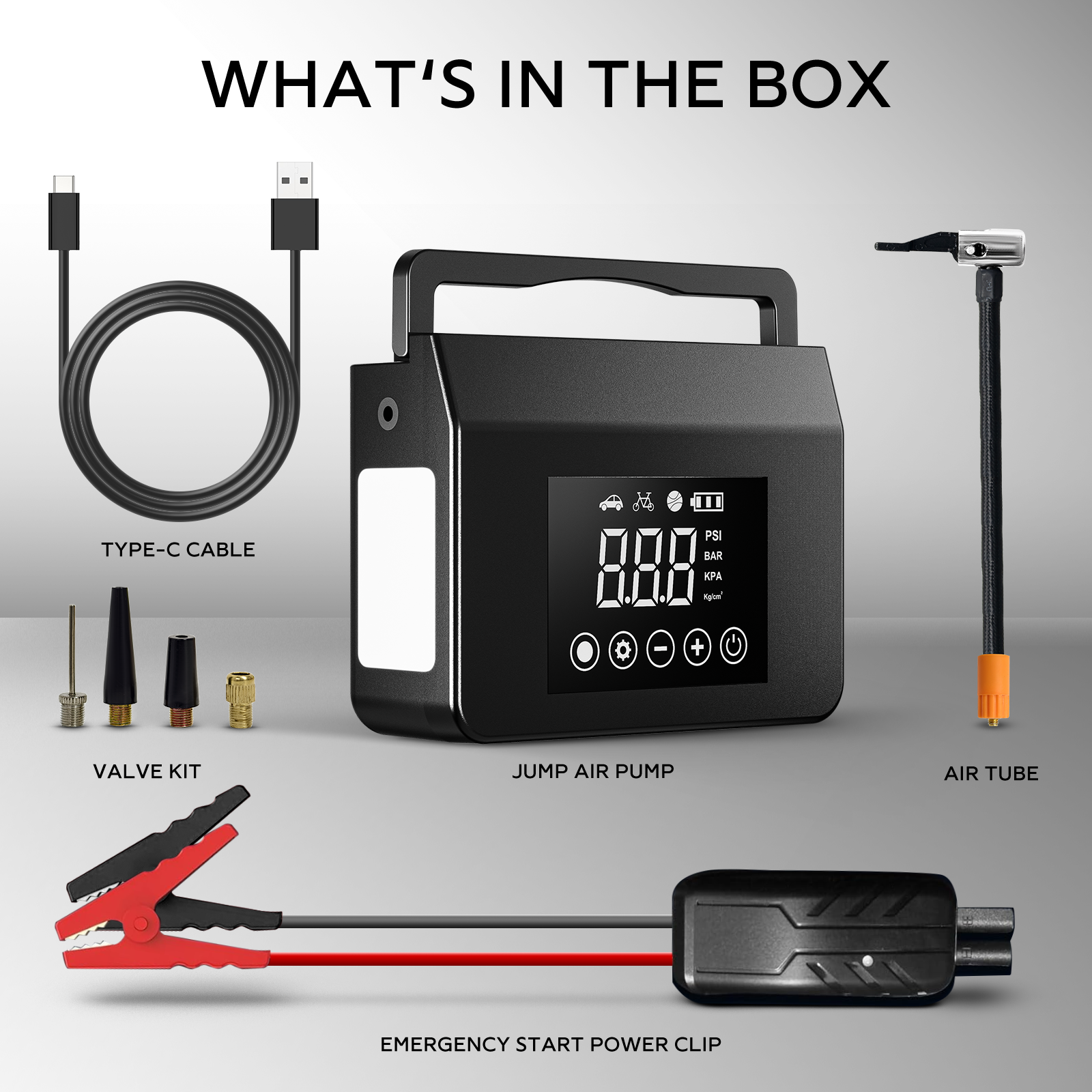 HIEHA What's in the Box - Type-C Cable, Valve Kit, Air Tube, and Emergency Jump Start Clips